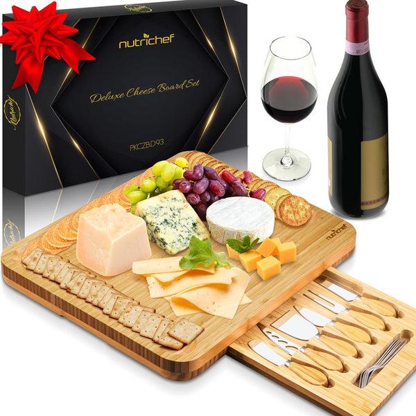nutrichef Bamboo Food Serving & Food Slicer Platter - Cheese Board Presentation Set