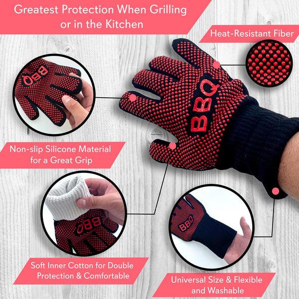 Nutrichef BBQ Gloves 1472°F Heat Resistant Silicone Grip 14" Washable Mitts