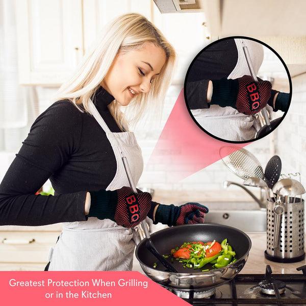 Nutrichef BBQ Gloves 1472°F Heat Resistant Silicone Grip 14" Washable Mitts