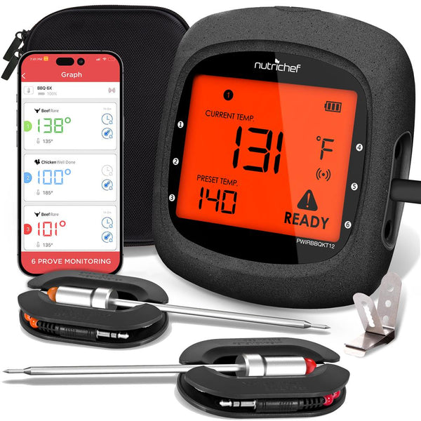 nutrichef Bluetooth Wireless Bbq Digital Thermometer - Includes 2 Temperature Probes And Travel Case With Digital Lcd Display Screen