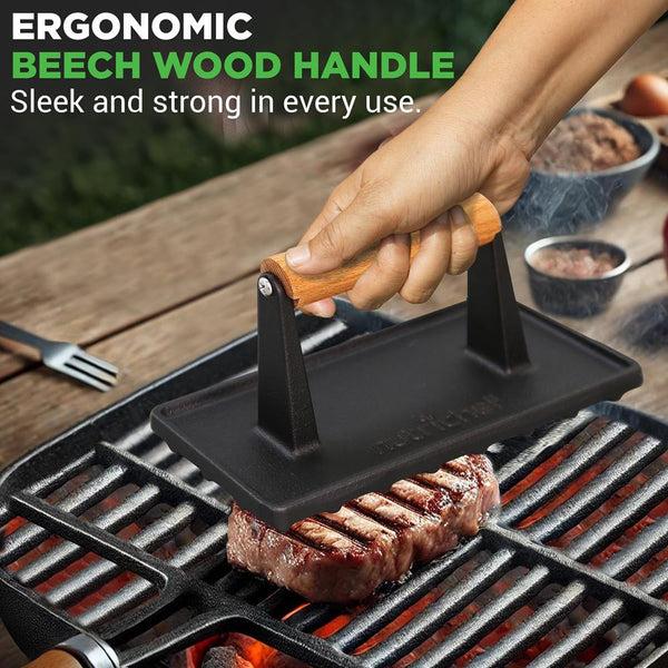 Nutrichef Cast Iron Grill Press - Speeds Cooking - Beech Wood Handle