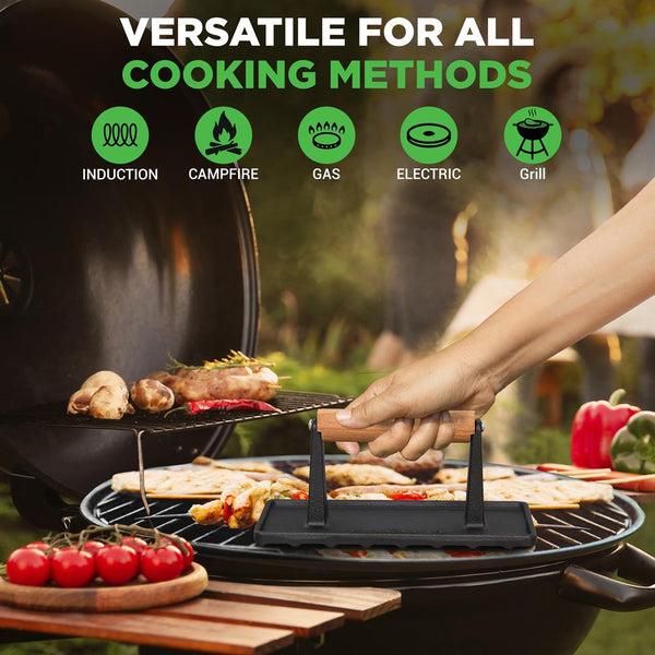 Nutrichef Cast Iron Grill Press - Speeds Cooking - Beech Wood Handle