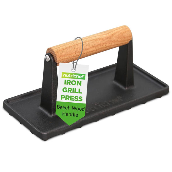nutrichef Cast Iron Grill Press - Speeds Cooking - Beech Wood Handle
