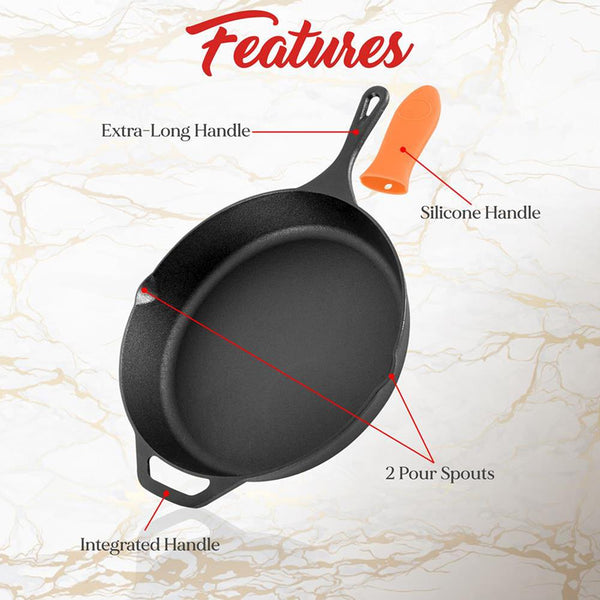 Nutrichef Cast Iron Skillet Set Nonstick Pre-Seasoned Silicone Handles Orange