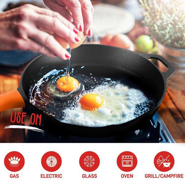 Nutrichef Cast Iron Skillet Set Nonstick Pre-Seasoned Silicone Handles Orange