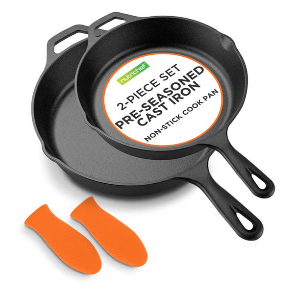 nutrichef Cast Iron Skillet Set Nonstick Pre-Seasoned Silicone Handles Orange
