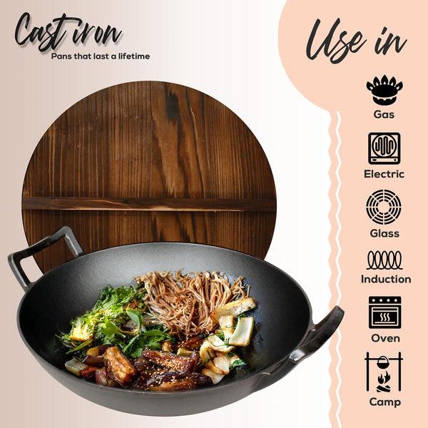 Nutrichef Cast Iron Wok 5.8 Qt Even Heat Pre-Seasoned With Wooden Lid