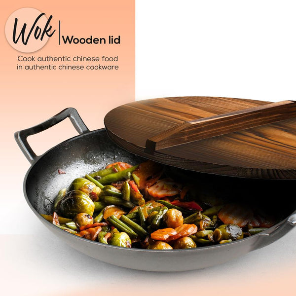 Nutrichef Cast Iron Wok 5.8 Qt Even Heat Pre-Seasoned With Wooden Lid