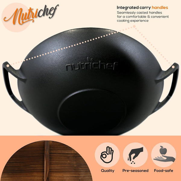 Nutrichef Cast Iron Wok 5.8 Qt Even Heat Pre-Seasoned With Wooden Lid