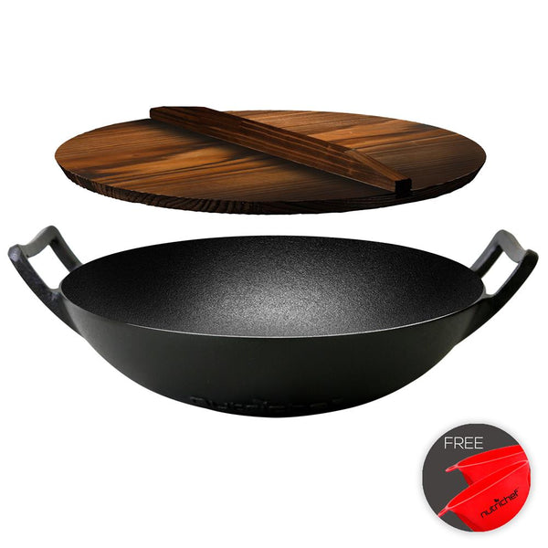 nutrichef Cast Iron Wok 5.8 Qt Even Heat Pre-Seasoned with Wooden Lid