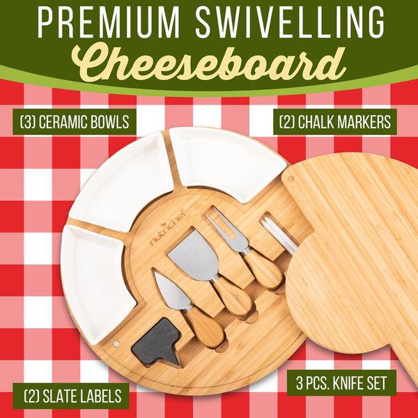 Nutrichef Cheese Board Food Serving Set – Includes Cutting Knives Ceramic Bowls Chalk Markers And Slate Labels