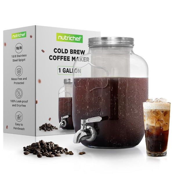 nutrichef Cold Brew Coffee Maker 1-Gallon Leak-Proof Glass with Steel Spigot
