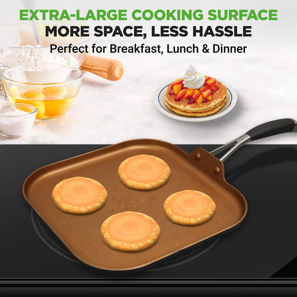 Nutrichef Copper Griddle Pan Non-Stick Coating Silicone Handle