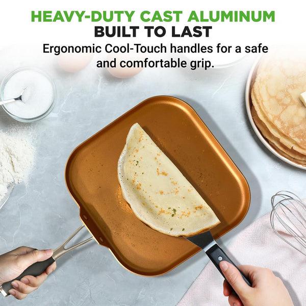 Nutrichef Copper Griddle Pan Non-Stick Coating Silicone Handle