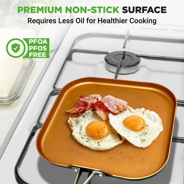 Nutrichef Copper Griddle Pan Non-Stick Coating Silicone Handle