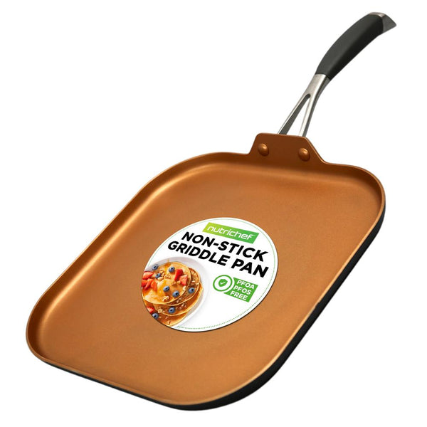 nutrichef Copper Griddle Pan Non-Stick Coating Silicone Handle