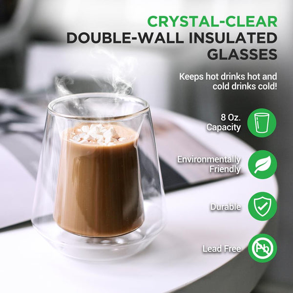Nutrichef Double Wall Insulated Glasses - Sweat Free Borosilicate Clear 8 Oz 2pcs