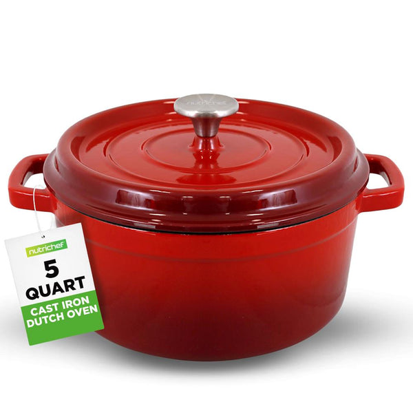 nutrichef Dutch Oven 5 Qt Even Cooking Porcelain Enamel Cast Iron Red