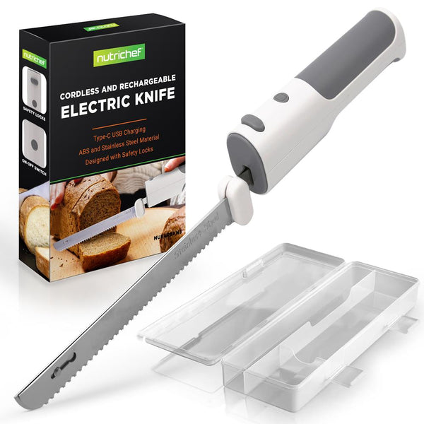 nutrichef Electric Bread Knife For Carving Cooked Meats Cooked Poultry Bread Crafting Foam And More Lightweight With Contoured Grip Handle (White And Grey)