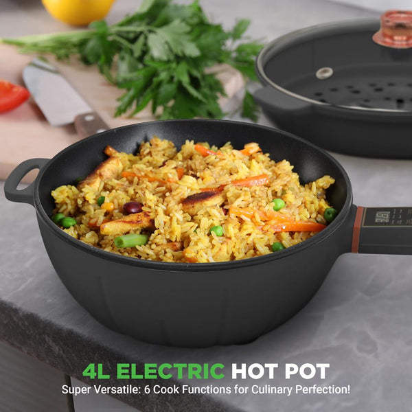 Nutrichef Electric Frying Pan & Steamer 4L Non-Stick Touch Control Portable