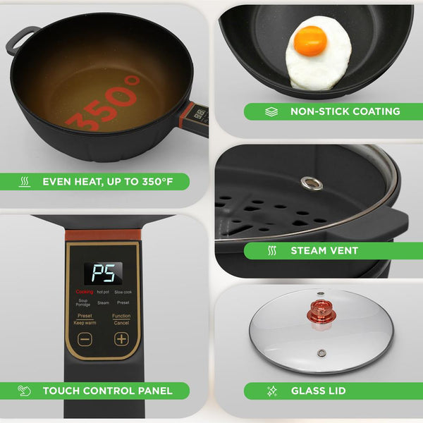 Nutrichef Electric Frying Pan & Steamer 4L Non-Stick Touch Control Portable