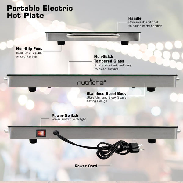 Nutrichef Electric Warming Tray / Food Warmer With Non-Stick Heat-Resistant Glass Plate (14.5'' X 8.6'' Heating Surface)