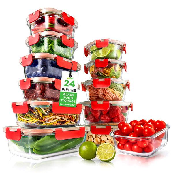 nutrichef Glass Food Storage Set 24pc Airtight Leak-Proof Borosilicate Red
