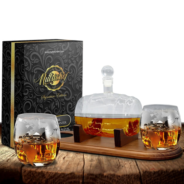 nutrichef Glass Whiskey Decanter Set - Enhances Flavor - 750ml Barrel Design
