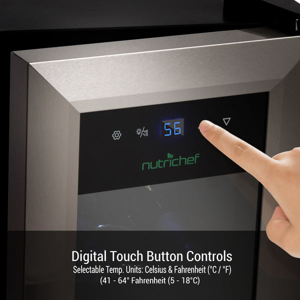 Nutrichef Home Wine Cooler Fridge - Smart Wine Cooler Chilling Refrigerator With Digital Touchscreen Control Adjustable Temp (12 Bottle Storage Capacity)