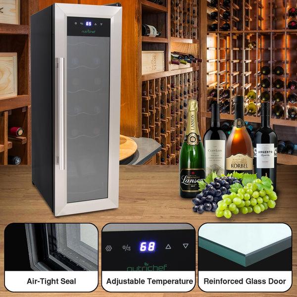 Nutrichef Home Wine Cooler Fridge - Smart Wine Cooler Chilling Refrigerator With Digital Touchscreen Control Adjustable Temp (12 Bottle Storage Capacity)