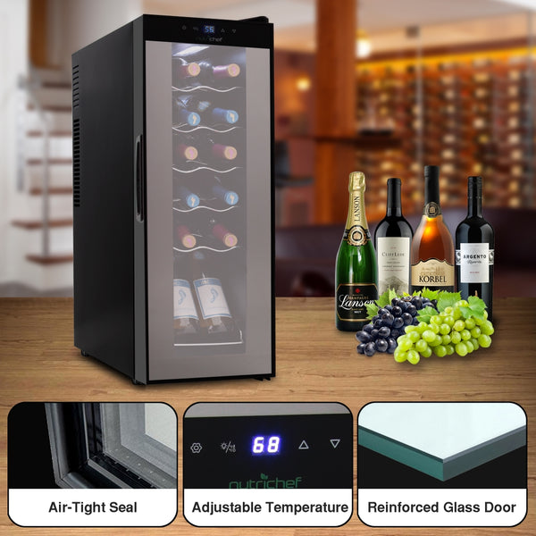Nutrichef Home Wine Cooler Fridge - Smart Wine Cooler Chilling Refrigerator With Digital Touchscreen Control Adjustable Temp (12 Bottle Storage Capacity)