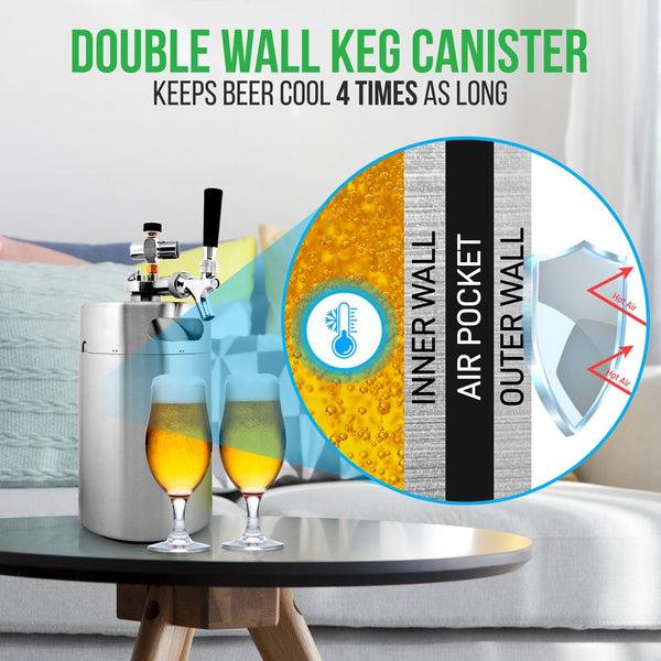 Nutrichef Homebrew Double Wall Mini Keg Beer Dispenser - 128 Oz. Double Wall Mini Keg With Cap Spear Metal Tap Co2 Aluminum Regulator System