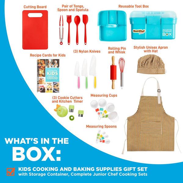 Nutrichef Kids Cooking & Baking Set - Safe Nylon Tools Recipe Cards Unisex Apron