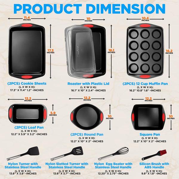 Nutrichef Kitchen Oven Baking Pans - Deluxe Nonstick Black Coating Inside & Outside Carbon Steel Bakeware Set With Red Silicone Handles (15-Pieces)
