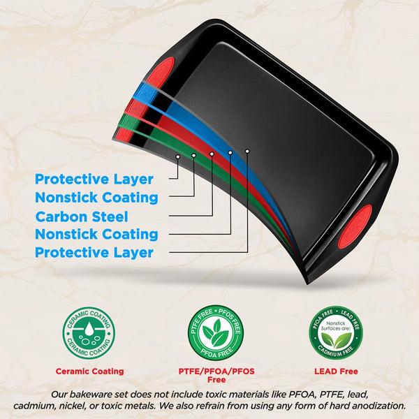 Nutrichef Kitchen Oven Baking Pans - Deluxe Nonstick Black Coating Inside & Outside Carbon Steel Bakeware Set With Red Silicone Handles (15-Pieces)