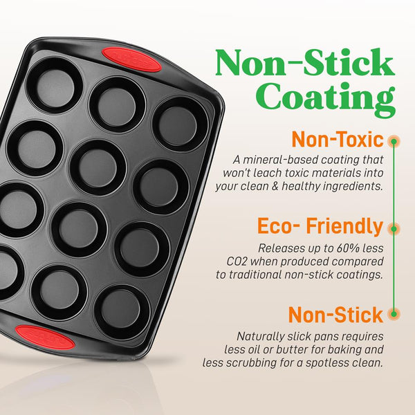 Nutrichef Kitchen Oven Baking Pans - Deluxe Nonstick Black Coating Inside & Outside Carbon Steel Bakeware Set With Red Silicone Handles (15-Pieces)