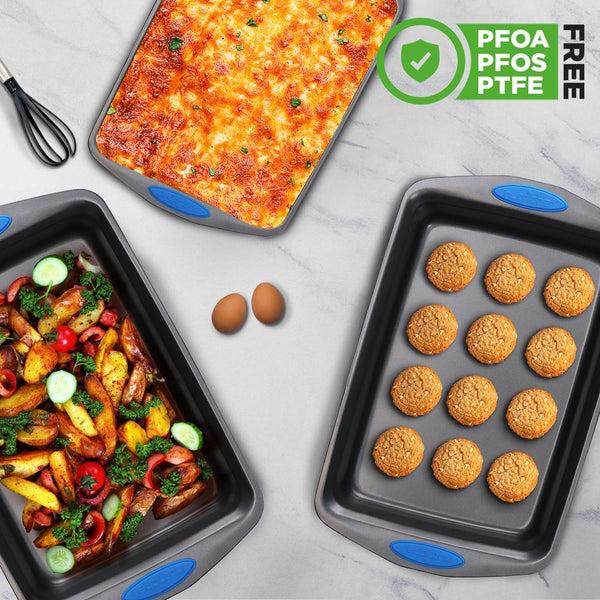 Nutrichef Kitchen Oven Baking Pans - Deluxe Nonstick Gray Coating Inside & Outside Carbon Steel Bakeware Set With Blue Silicone Handles (3-Pieces)