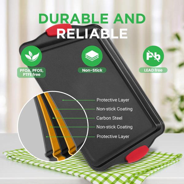 Nutrichef Kitchen Oven Baking Pans - Deluxe Nonstick Gray Coating Inside & Outside Carbon Steel Bakeware Set With Red Silicone Handles (30-Pieces)