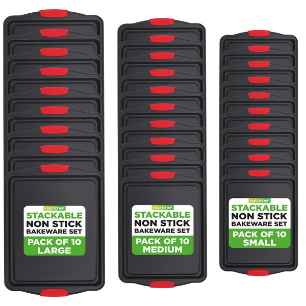 nutrichef Kitchen Oven Baking Pans - Deluxe Nonstick Gray Coating Inside & Outside Carbon Steel Bakeware Set With Red Silicone Handles (30-Pieces)