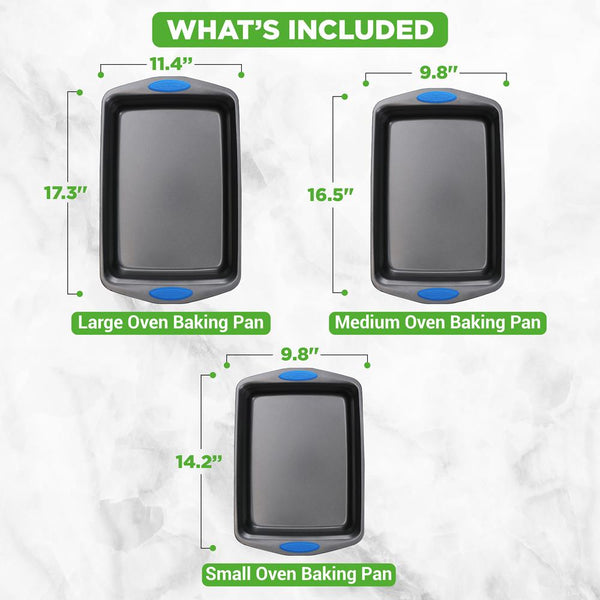 Nutrichef Kitchen Oven Baking Pans - Deluxe Nonstick Gray Coating Inside & Outside Carbon Steel Bakeware Set With Blue Silicone Handles (3-Pieces)