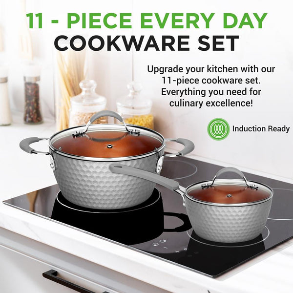 Nutrichef Kitchenware Pots & Pans Set - Stylish Kitchen Cookware With Elegant Diamond Pattern Non-Stick (11-Piece Set)