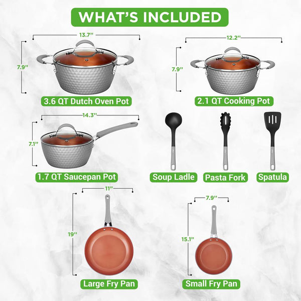 Nutrichef Kitchenware Pots & Pans Set - Stylish Kitchen Cookware With Elegant Diamond Pattern Non-Stick (11-Piece Set)