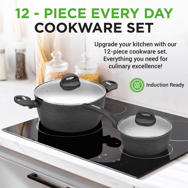 Nutrichef Kitchenware Pots & Pans - Stylish Kitchen Cookware Set With Stylish Metallic Ridge-Line Pattern Non-Stick (12-Piece Set)