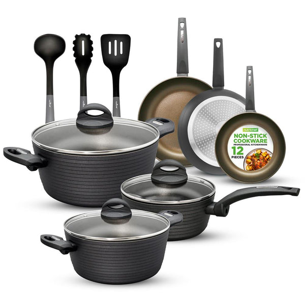 nutrichef Kitchenware Pots & Pans - Stylish Kitchen Cookware Set With Stylish Metallic Ridge-Line Pattern Non-Stick (12-Piece Set)