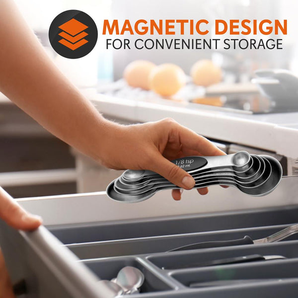 Nutrichef Magnetic Measuring Spoon Set - Space-Saving Stainless Steel Silver
