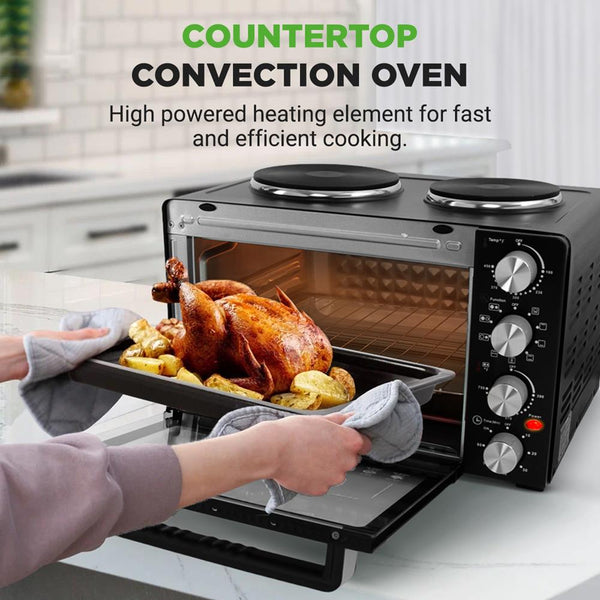 Nutrichef Multi-Function Convection Oven - Counter Top Rotisserie Toaster Oven Convection Cooker With Dual Food Warming Hot Plates