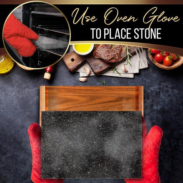 Nutrichef Natural Granite Stone Sizzling Steak Plate - Grilled Meat Food Presentation Serving Platter Set With Stainless Steel Knives