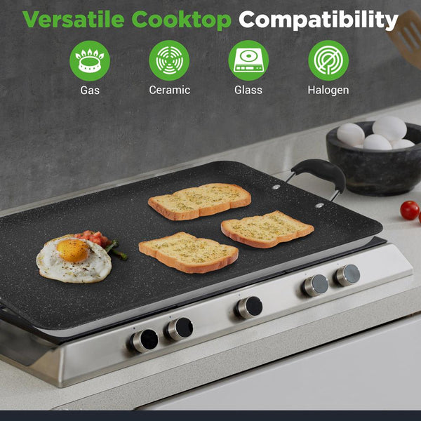 Nutrichef Non-Stick Double Burner Griddle Dishwasher Safe With Bakelite Handle (Black)