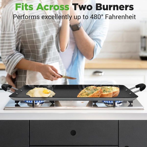 Nutrichef Non-Stick Double Burner Griddle Dishwasher Safe With Bakelite Handle (Black)