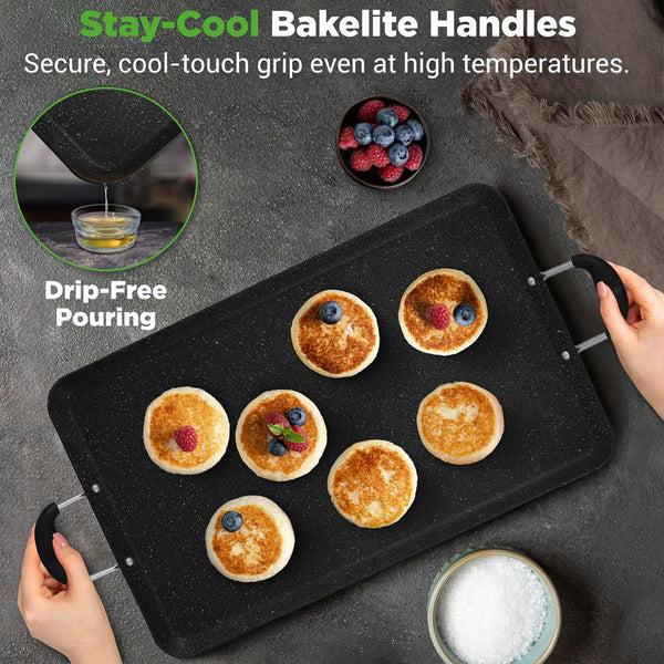 Nutrichef Non-Stick Double Burner Griddle Dishwasher Safe With Bakelite Handle (Black)